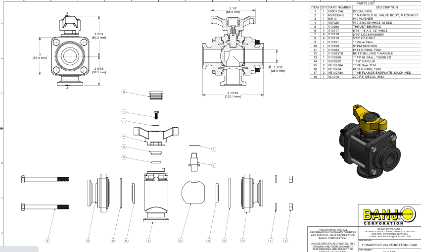 MV100BL VAL ESFERA MANUAL 3 VIAS, FLANGE 1" BANJO