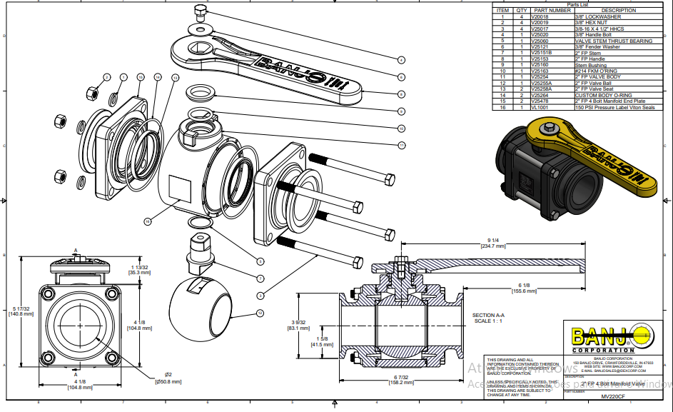 MV220CF VALV ESFERA MANUAL 2 VIAS, FLANGE 2" AB TOTAL BANJO