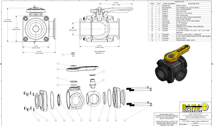 MV220SL VALV ESFERA, MANUAL 3 VIAS, FLANGE 2" AB TOTAL BANJO