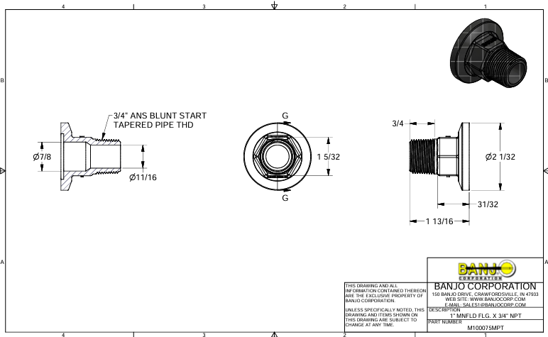 M100075FPT CONEXAO FLANGE 1"X ROSCA FEMEA 3/4" BANJO