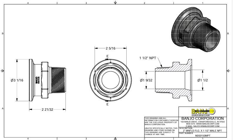 M200150MPT CONEXÃO FLANGE 2" X ROSCA MACHO 1 1/2" BANJO
