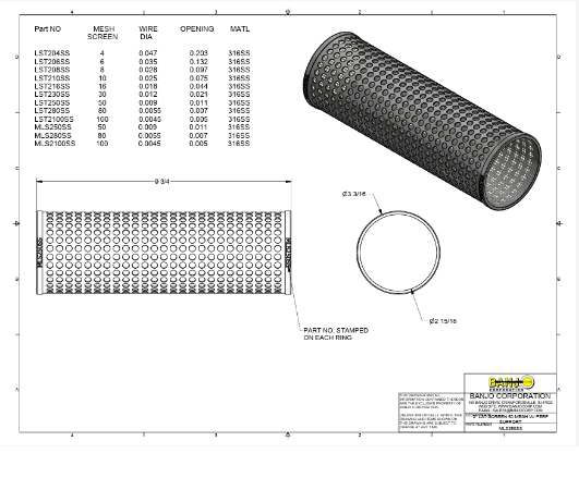 MLS250SS TELA DE INOX PERFURADA MALHA 50 FILTRO T PP2 BANJO