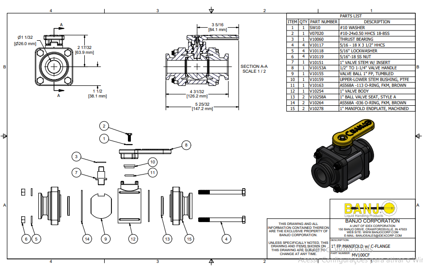 MV100CF VALVULA ESFERA MANUAL 2 VIAS, FLANGE 1"   BANJO