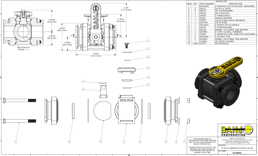 MV200SL VALV ESFERA MAN DE PP 3 VIAS FLANGE 2 BANJO