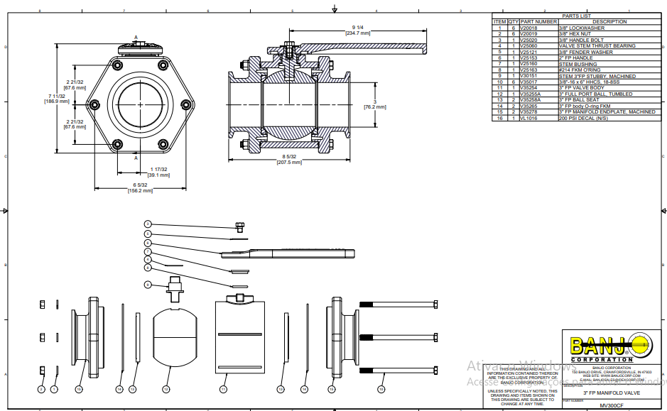 MV300CF VALV ESFERA MANUAL 2 VIAS, FLANGE 3 AB TOTAL  BANJO