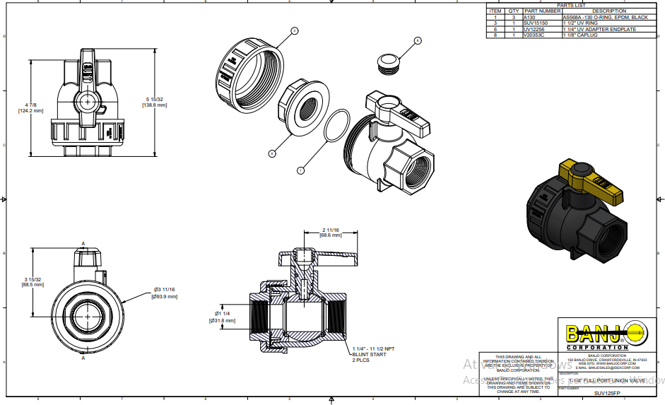 SUV125FP VALV. ESFERA MANUAL 2 VIAS FEMEA 1 1/4"   BANJO