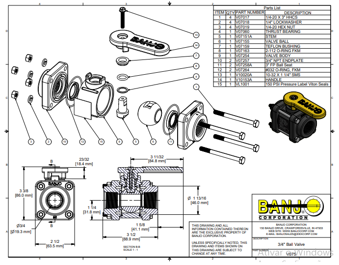 V075 VALV ESFERA MANUAL 2 VIAS ROSCA FEMEA 3/4" AB TOTAL  BANJO