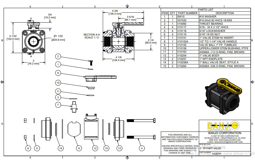V100FP VALV ESFERA, MANUAL 2 VIAS ROSCA FEMEA 1" AB TOTAL  BANJO